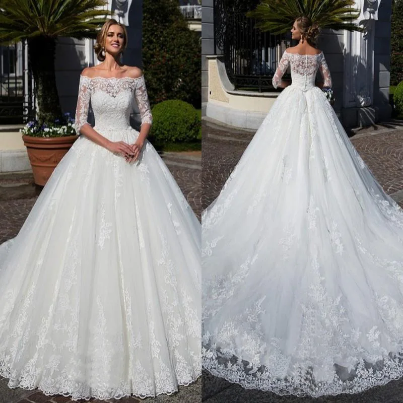 VENSANAC Boat Neck Lace Appliques Ball Gown Wedding Dresses Illusion Half Sleeve Court Train Bridal Gowns