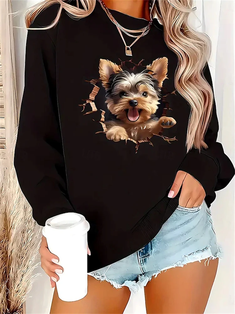 New Pet Dog Print Pullover Round Neck Top Women's Hoodless Warm Sweatshirt Fashion Long Sleeve Autumn And Winter Sweatshirt