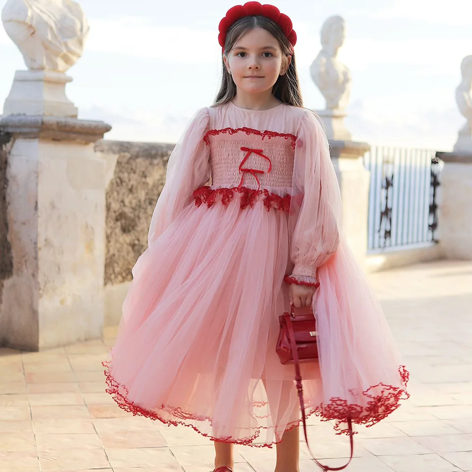 2025 Autumn Winter New Girls Retro Sweet Bow Princess Dress Girls Birthday Party Yarn Dress Long Sleeve Girls Elegant Dress