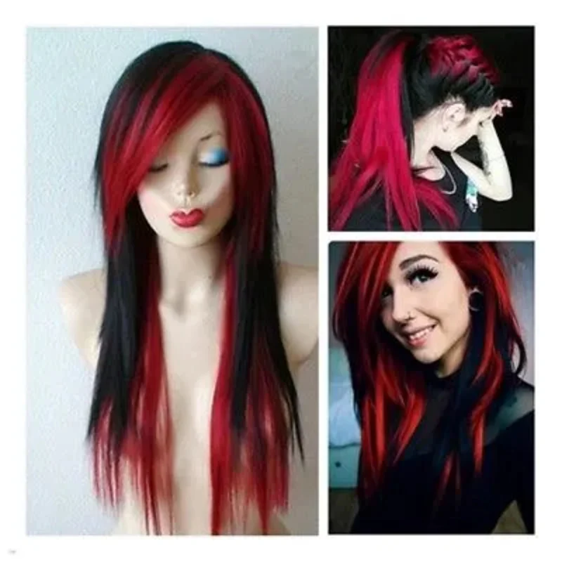Women Ultra Sexy Scene Wig Bla Mixed Wine Red Blonde Rainbow Emo Hair Long Wig
