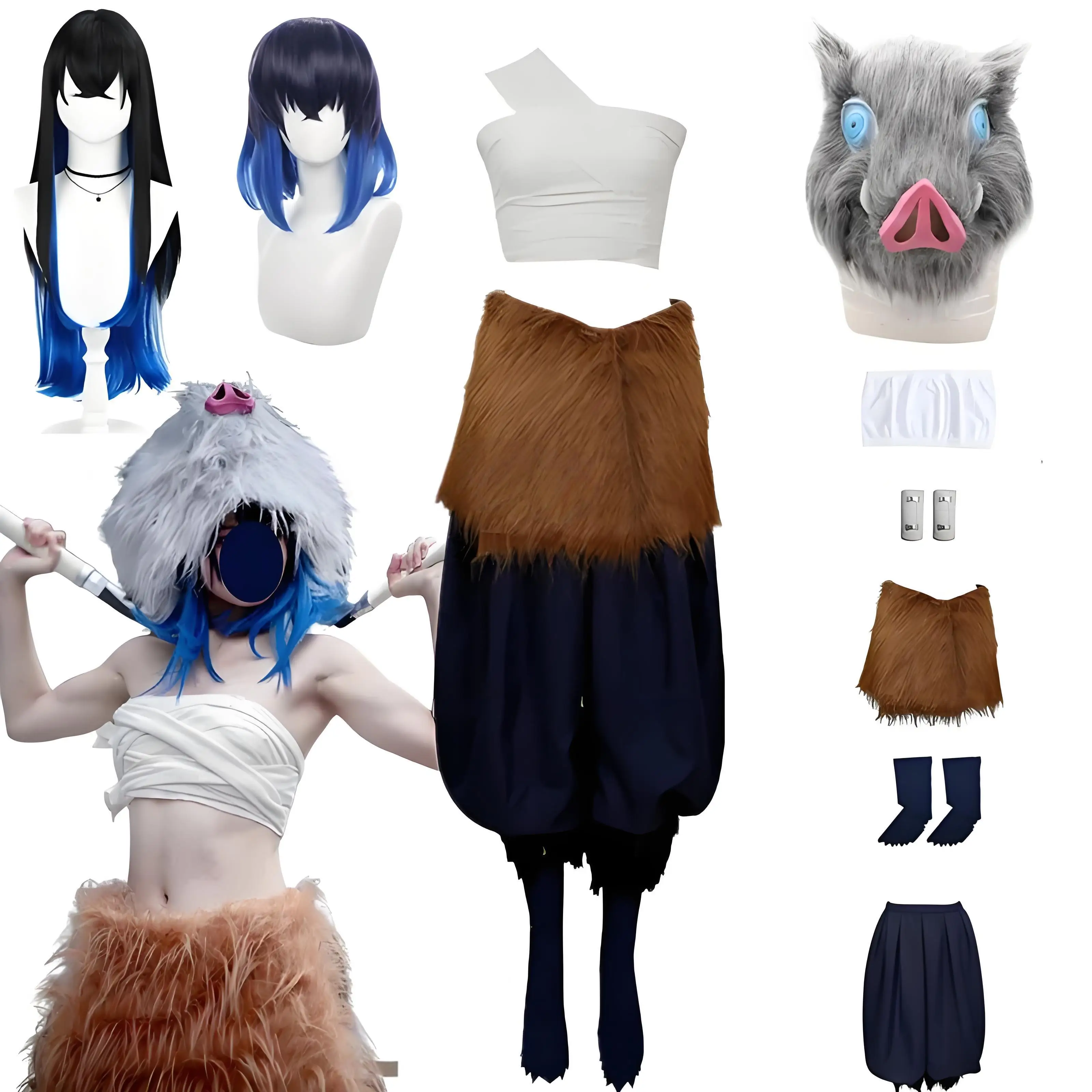 Hashibira Inosukee Cosplay Costume Full Set Boar Mask Wig Anime Uniform Halloween Carnival Outfit Adult Cosplay Suit For Women
