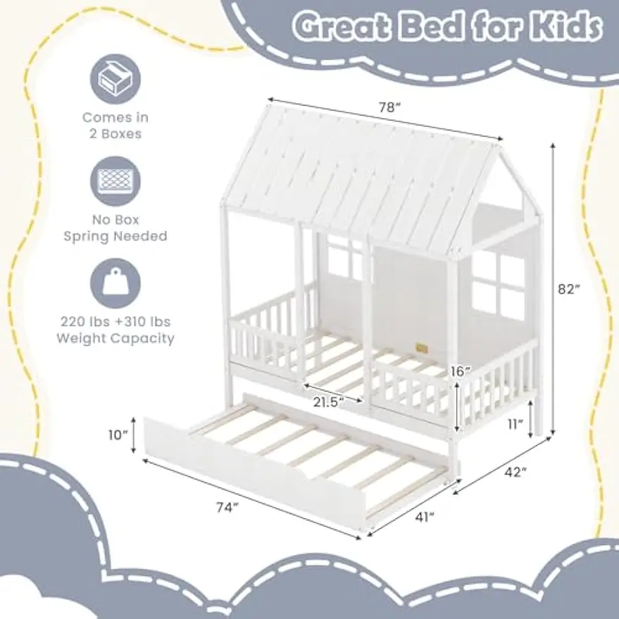 Cama con nido, estructura de cama para niños con techo de 82" de alto, ventanas y barandilla, cama de casita de juegos de madera para dormitorio de adolescentes, niños y niñas, N