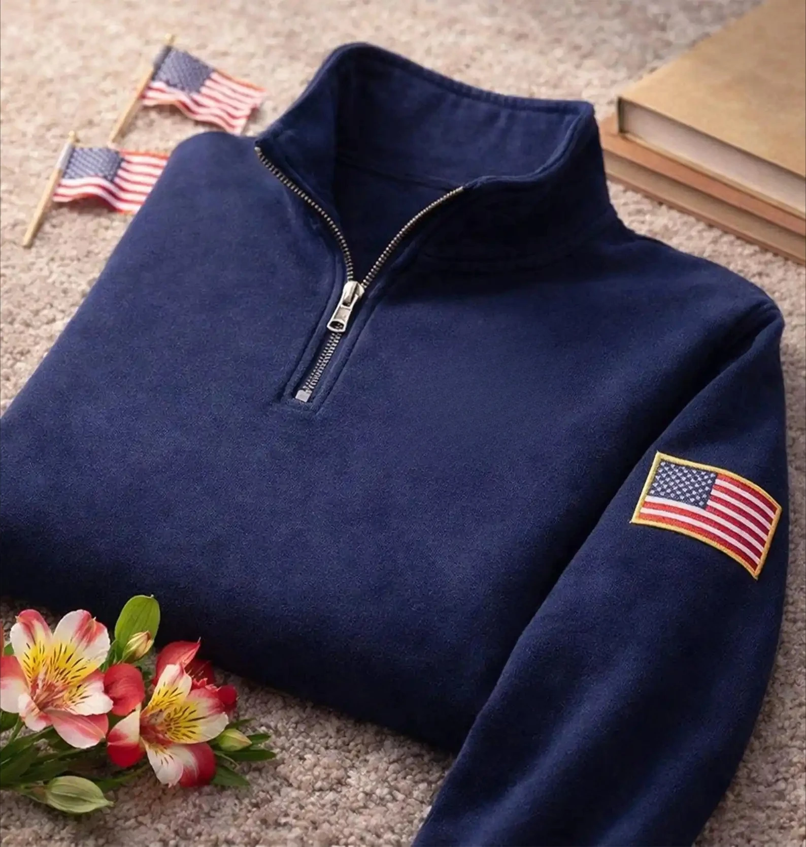 Embroidered Sweatshirt Flag Sleeve Blue Unisex Crewneck Funny Satirical Costume Shirt Gift Zip Up Hoodie