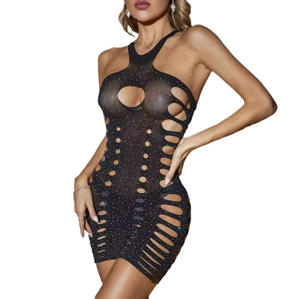 

Sexy Lingerie Women Halter Neck Nightdress Nightgown Tube Top Hollow Rhinestone Jumpsuit Pajamas Porno Clubwear Bodycon Dresses