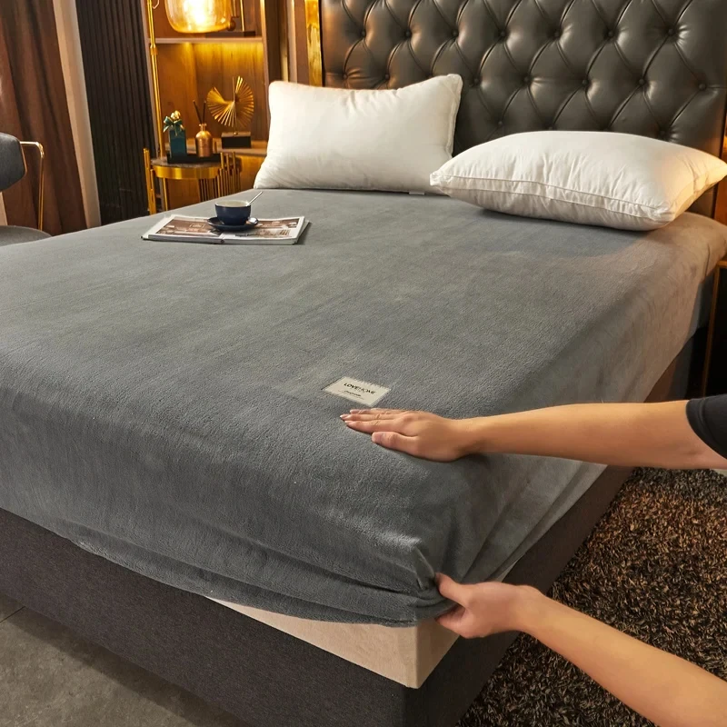 Solid Flannel Fitted Sheet, Super Soft Warm Bed Cover for Single/Double Bed, All Season Cozy Bedding, Luxurious Night Sleep Wint