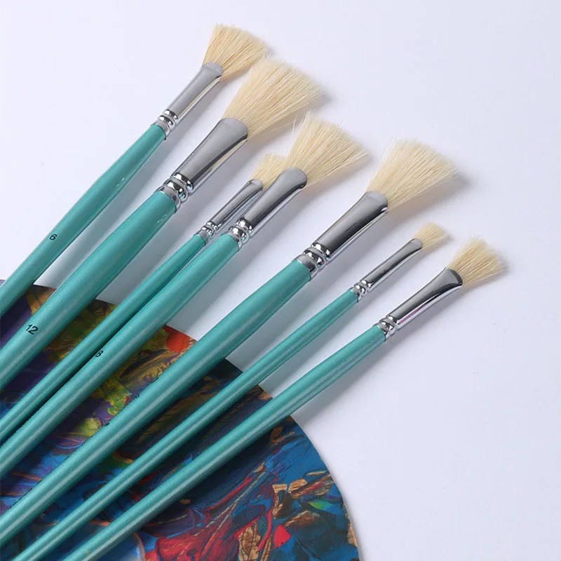 

7 Pcs Set Pig Bristle Hait Fan Shap Brush Acrylic Gouache Watercolor Oil Painting Brush Art Hard Fishtail Brush Art Supplies