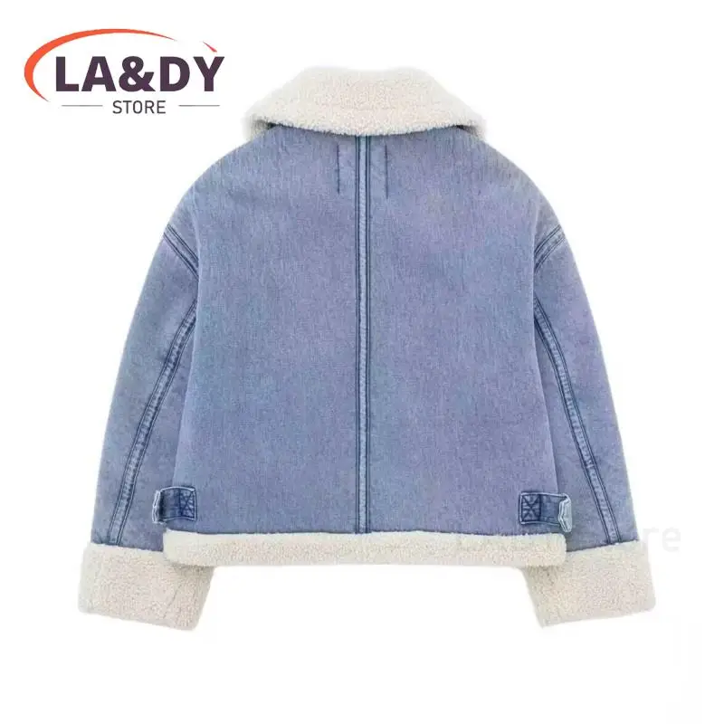 Winter High Quality Women Fashion Blue Denim Thick Lamb Jacket Coat Casual Zipper Warm Outwear Tops Female