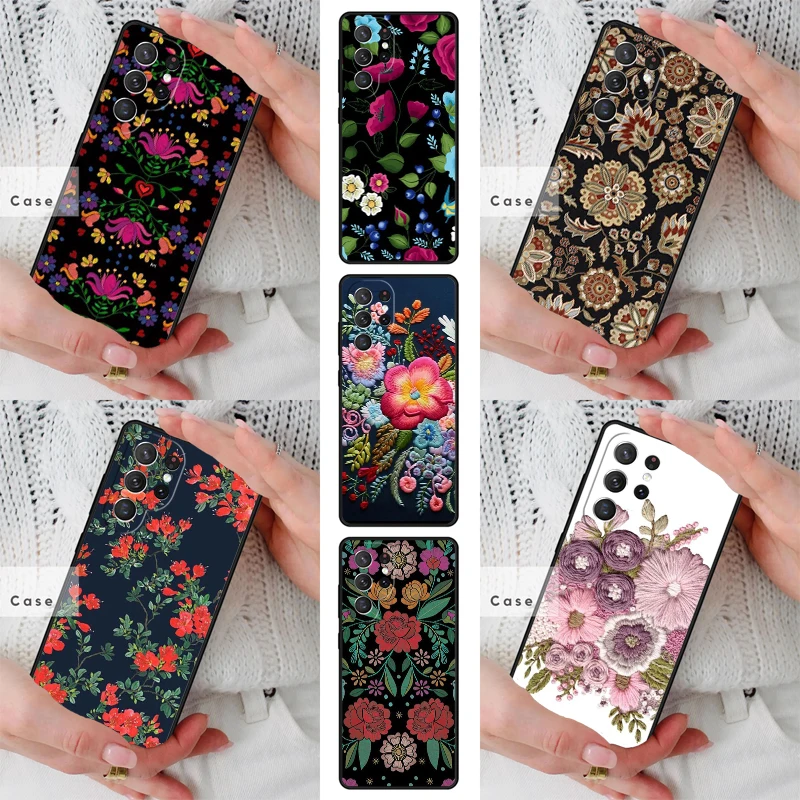 Embroidery Flowers TPU Phone Case for Samsung Galaxy S26 S25 S24 S23 S22 S21 S20 Note10 Plus FE Ultra Cover
