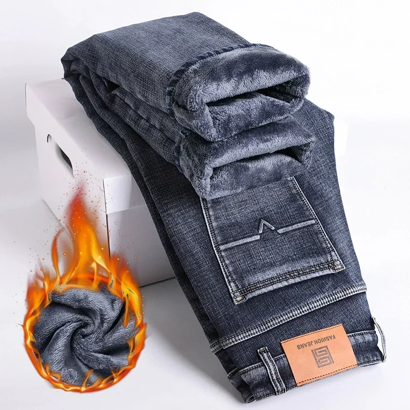 2024 Winter Fleece Thick Warm Jeans Men\'s Slim Business Straight Elastic Denim Pants Casual Male Clothing Fashion Plush Trousers