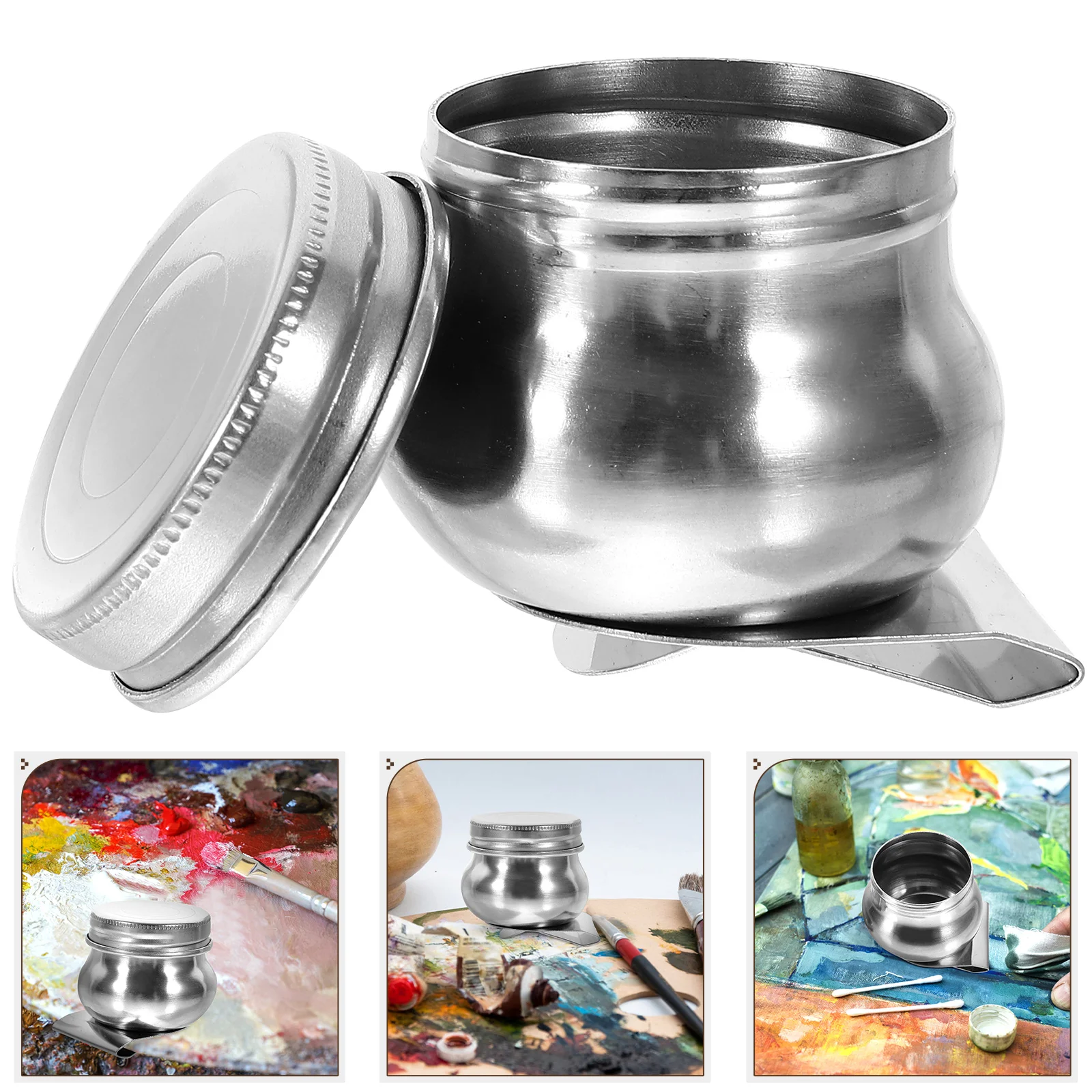 2 Pcs Stainless Steel Oil Paint Mixing Pot Palette Cup with Lid Dipper Painting Container Tools Metal