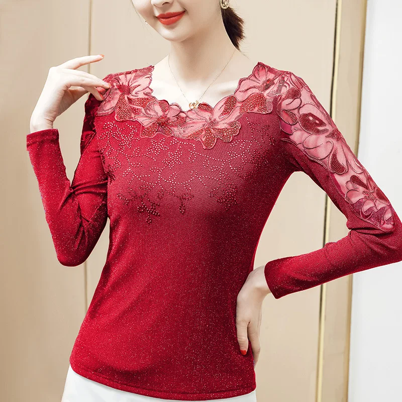 M-5XL Women\'s T-Shirt New 2024 Autumn Long Sleeve Patchwork Embroidered Mesh Tops Hollow Out Lace Shirt Blusas