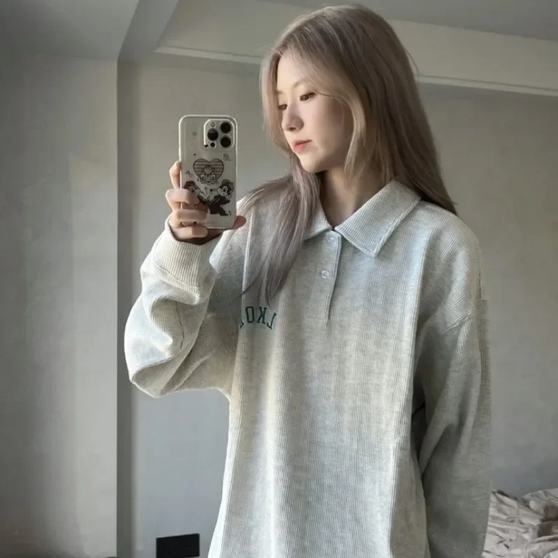 Autumn Polo Shirt for WomenLong Sleeved Original StyleLoose Fitting Student LapelVersatile KoreanVersion of Hoodie Upper Garment