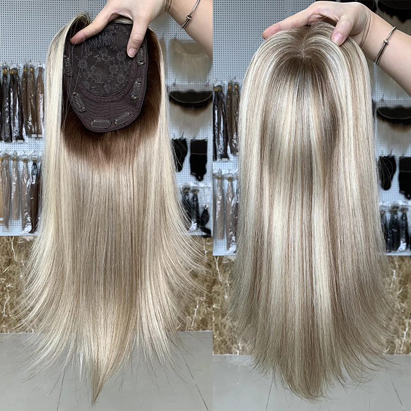 

Hot Selling Highlight European Human Hair Women Toupee 12A High Quality Free Part 8*8 Silk Based Lace Front Topper
