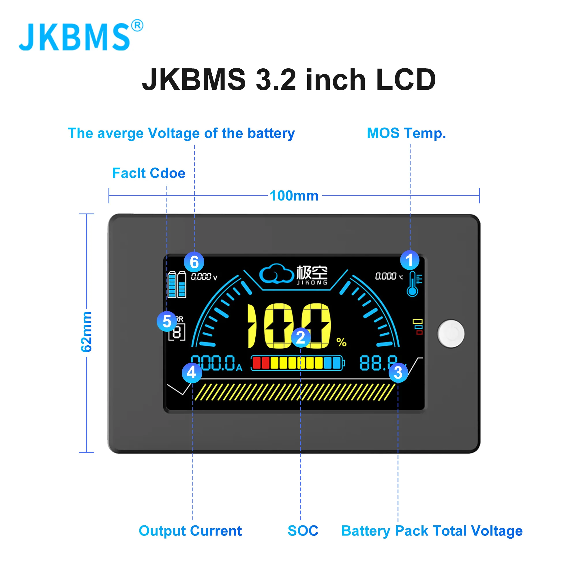 JKBMS inteligentny wyświetlacz LCD BMS 3,2-calowa bateria litowa inteligentne akcesoria Bms inteligentny wskaźnik poziomu baterii Monitor JK BMS