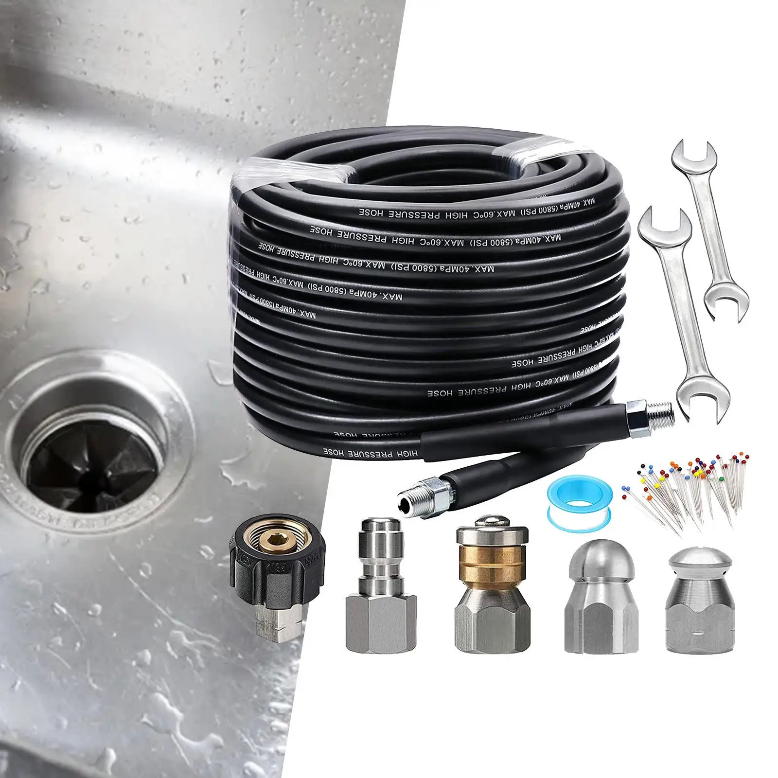 

30M Sewer Jetter Kit for Pressure Washer 5800PSI Sinks Drain Jetter Nozzles