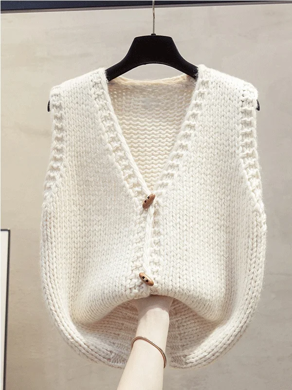 Loose Women's Knitted V-Neck Open Cardigan Sweater Vest Autumn Winter New Style Fashionable Layering Trendy Thick Needle