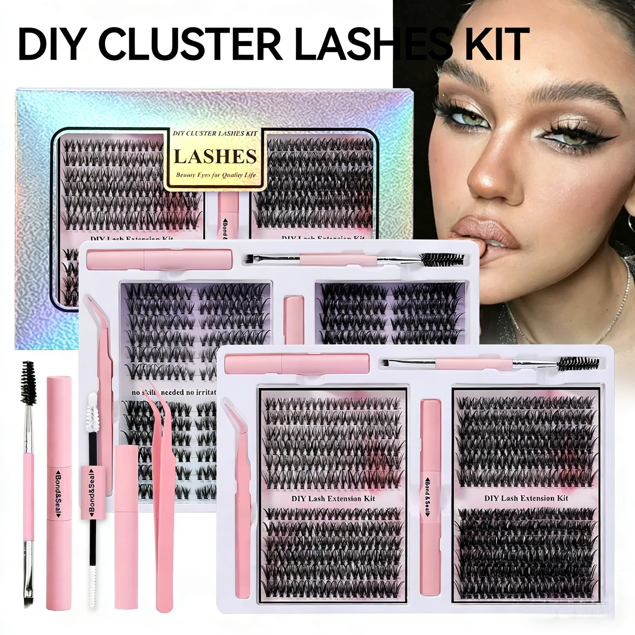 DIY Lash Extension Mix Styles Lash Clusters Individual with Bond&Seal Remover Tweezers Lash Brush for Self Application