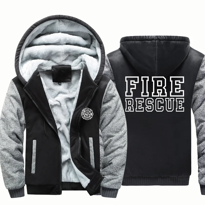 Autumn Winter Zipper Hooded Fire Rescue Firefighter Fireman Man Hoodies Sweatshirts Fleece Warm Wool Thick for Men Jackets Coat