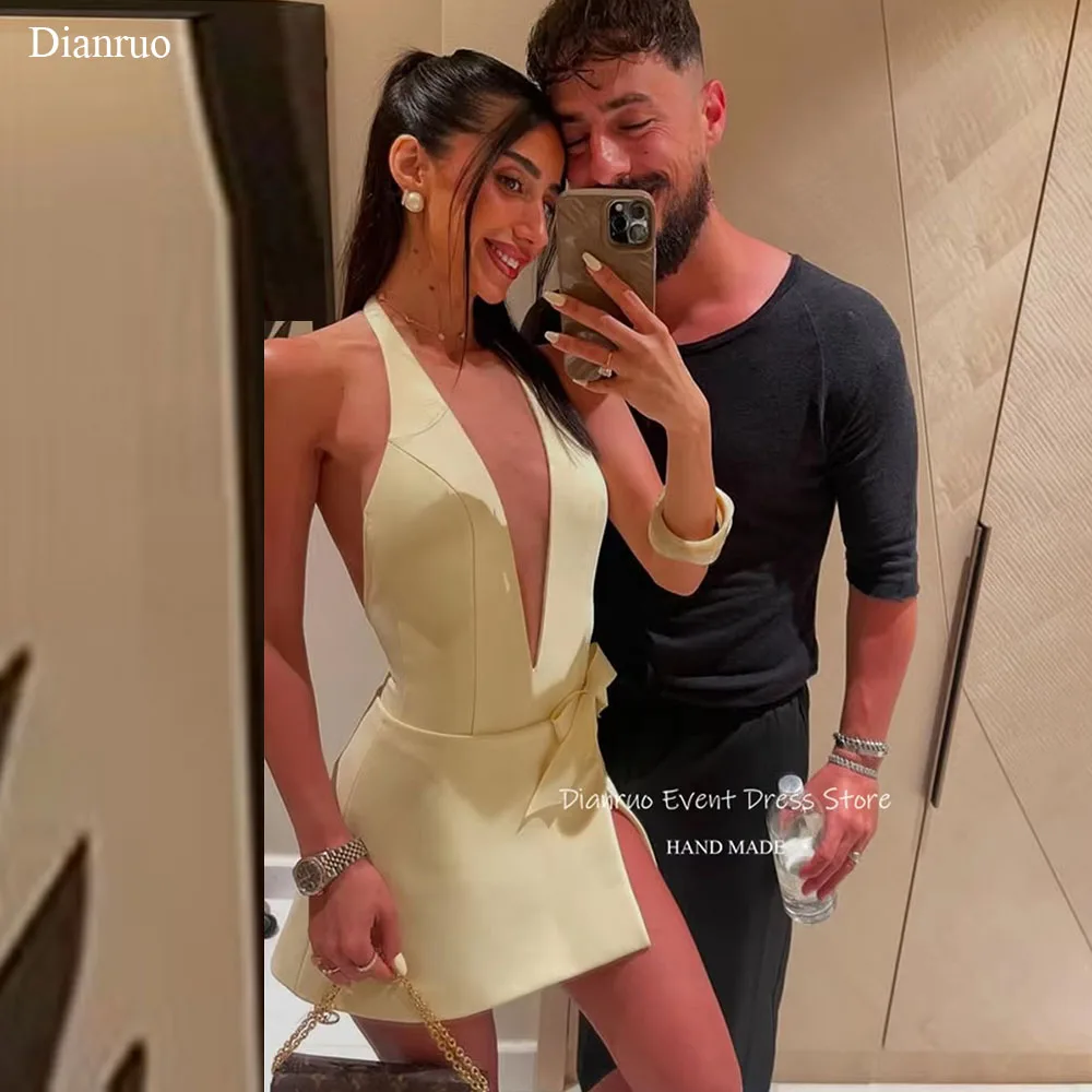 

Dianruo Вечерние платья с разрезом на спине и глубоким V-образным вырезом, атласные халаты с бантом, мини-платья без рукавов, большие размеры по индивидуальному заказу