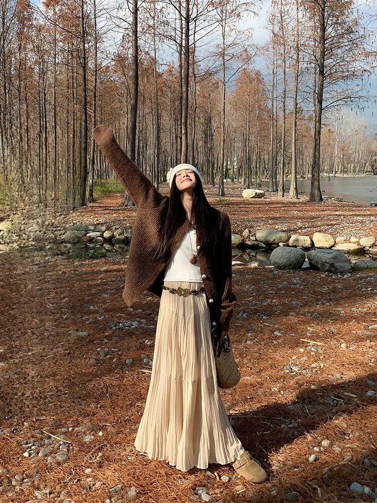 

Женский ленивый вязаный шерстяной свитер NORA STUDIO, корейский Sle, осенне-зимний открытый кардиган, длинный све, круглый, теплый, с подогревом