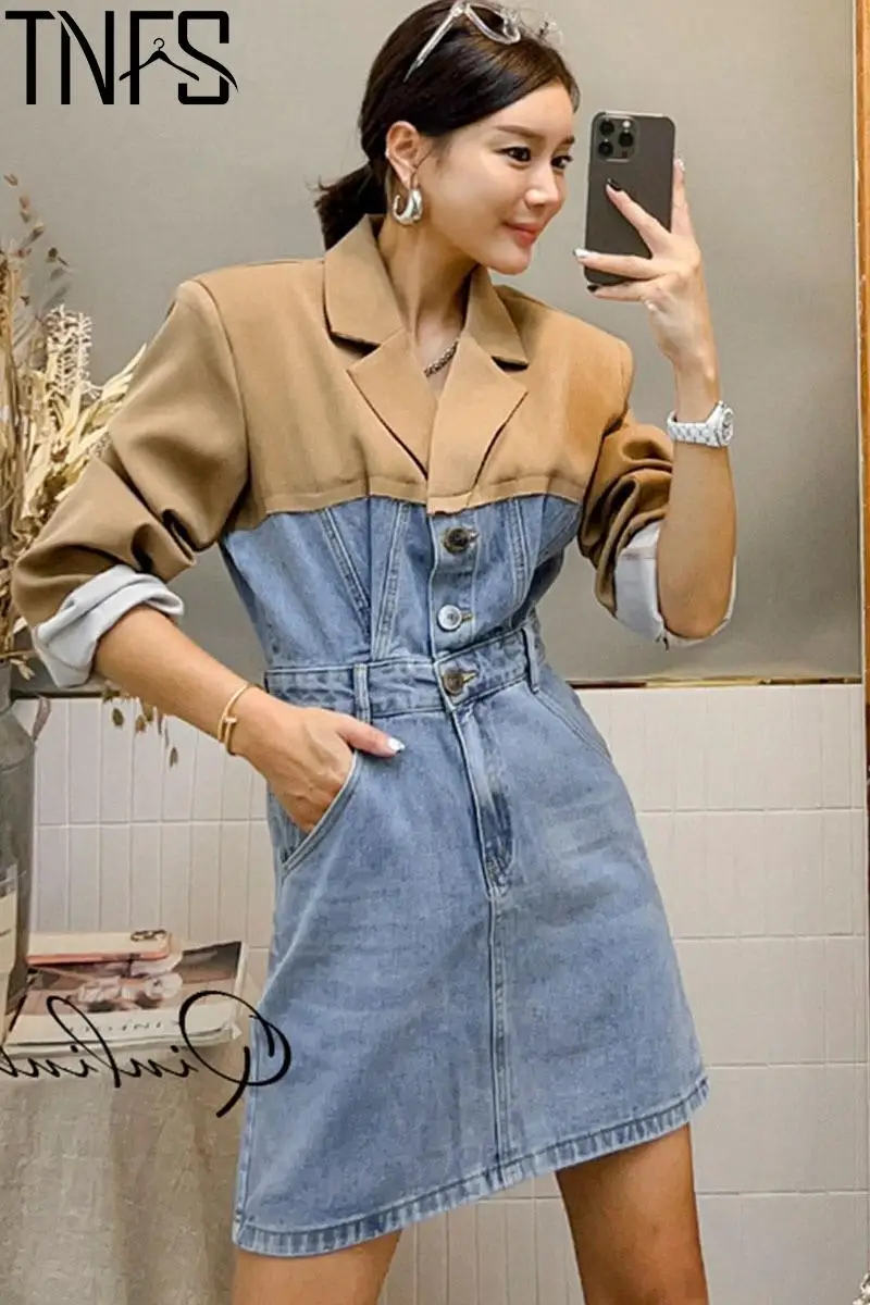 

TANNT Women Denim blazer Dress Notched Collar Stitched Single Breasted Long Sleeve Suit Dress Fashion Ladies Mini Dresses Autumn