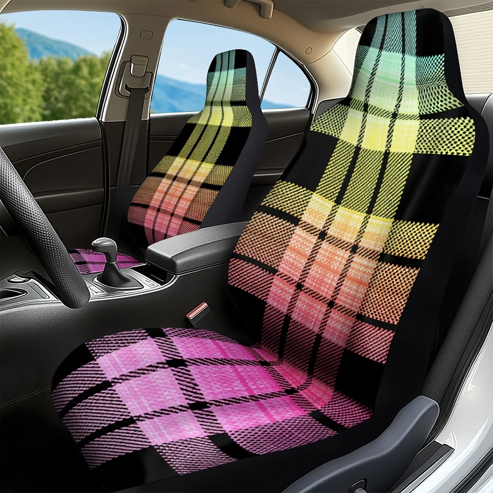 2pcs Colorful Plaid Abstract Car Seat Covers - Washable Polyester, Modern Stylish Design With Unique Patterns, Fit For All Vehic