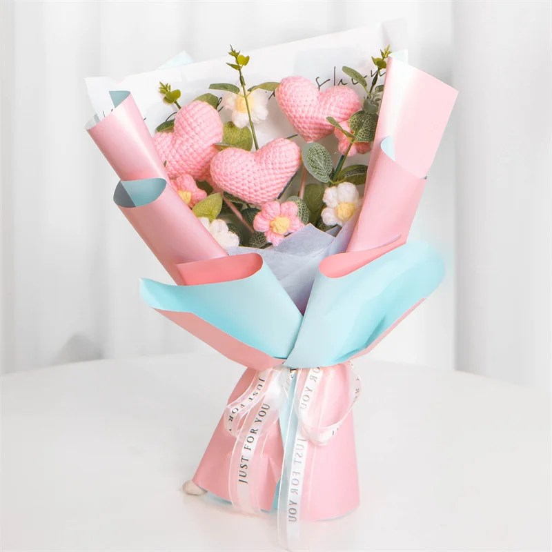 الوردي الأحمر الحب الصوف زهرة باقة الانتهاء المنسوجة يدويا محاكاة باقة الانتهاء من الصوف محبوك الأبدية زهرة زهرة التوليب H