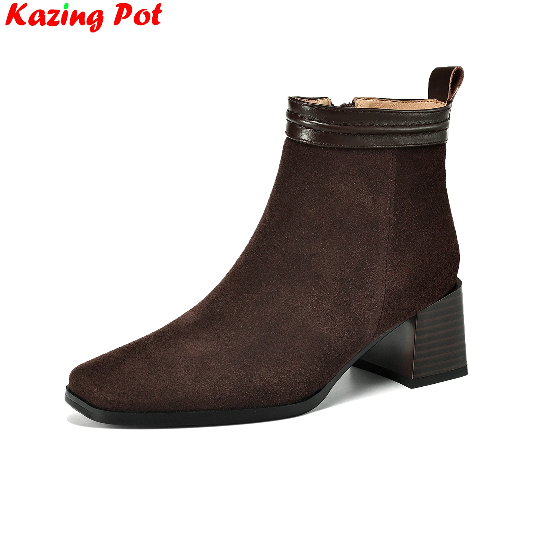 

Krazing Pot Big Size 42 43 Cow Suede Chunky High Heels Vintage Modern Boots Brand Casual Zipper Office Lady Winter Ankle Boots