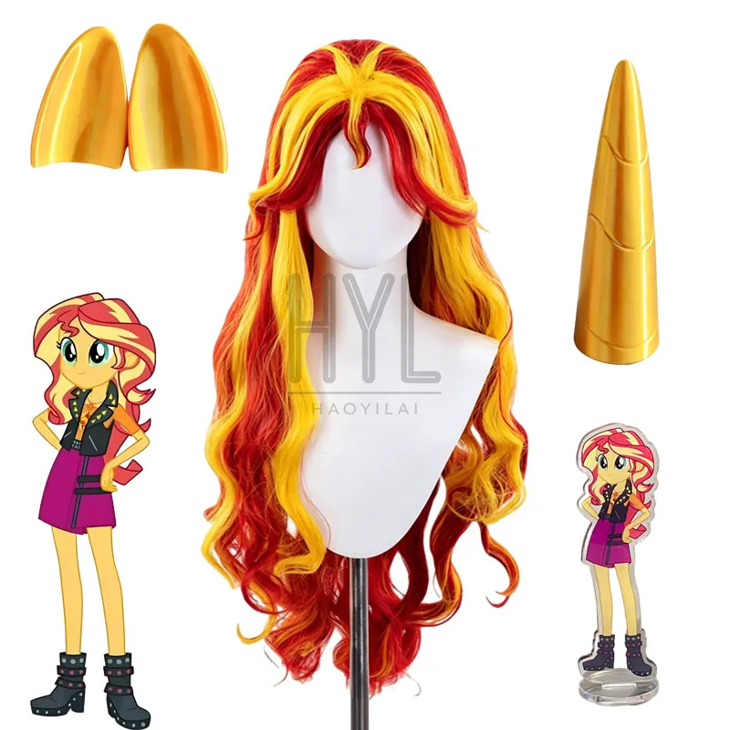 Anime Pony Sunset Shimmer Cosplay Wig Orange Red Long Synthetic Hair Headwear For Women Men Halloween Costume Party Props