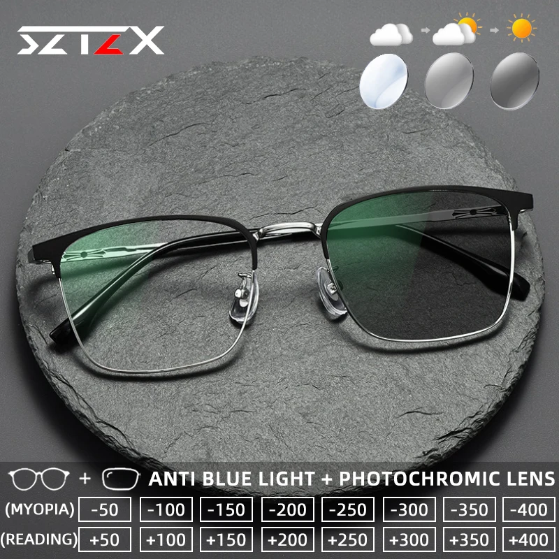 

SZTZX Casual Style Titanium Photochromic Reading Glasses Anti Blue Light Square Myopia Glasses Progressive Prescription Eyewear