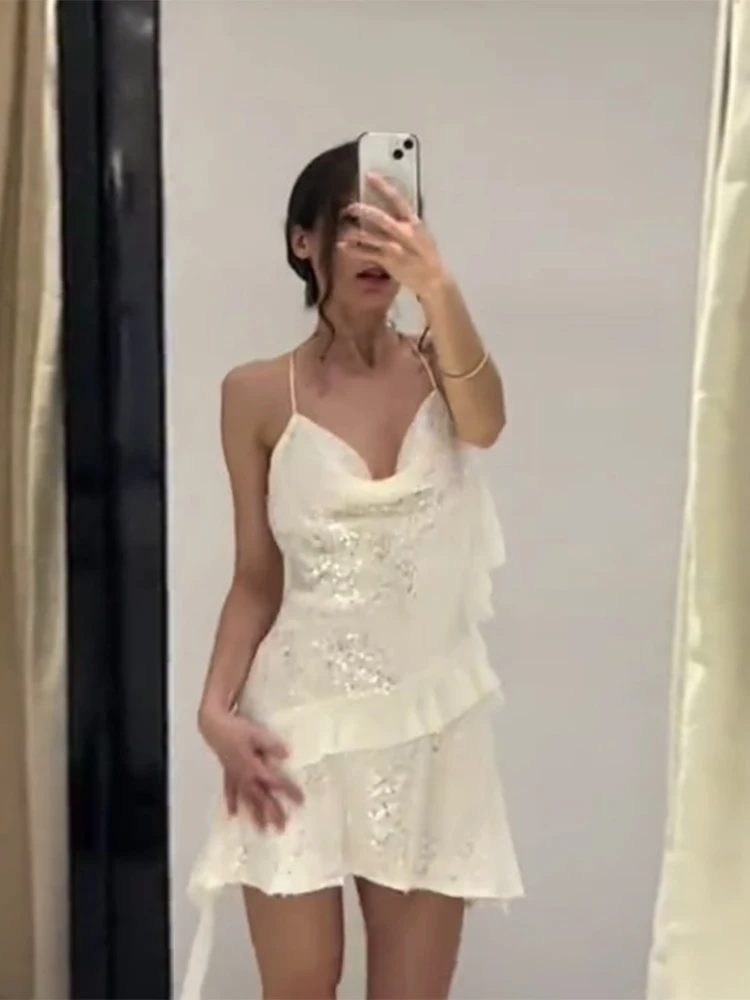 Branco brilhante lantejoulas halter mini vestido feminino elegante folha de lótus borda em camadas babados estilingue robe 2025 nova senhora noite partywear