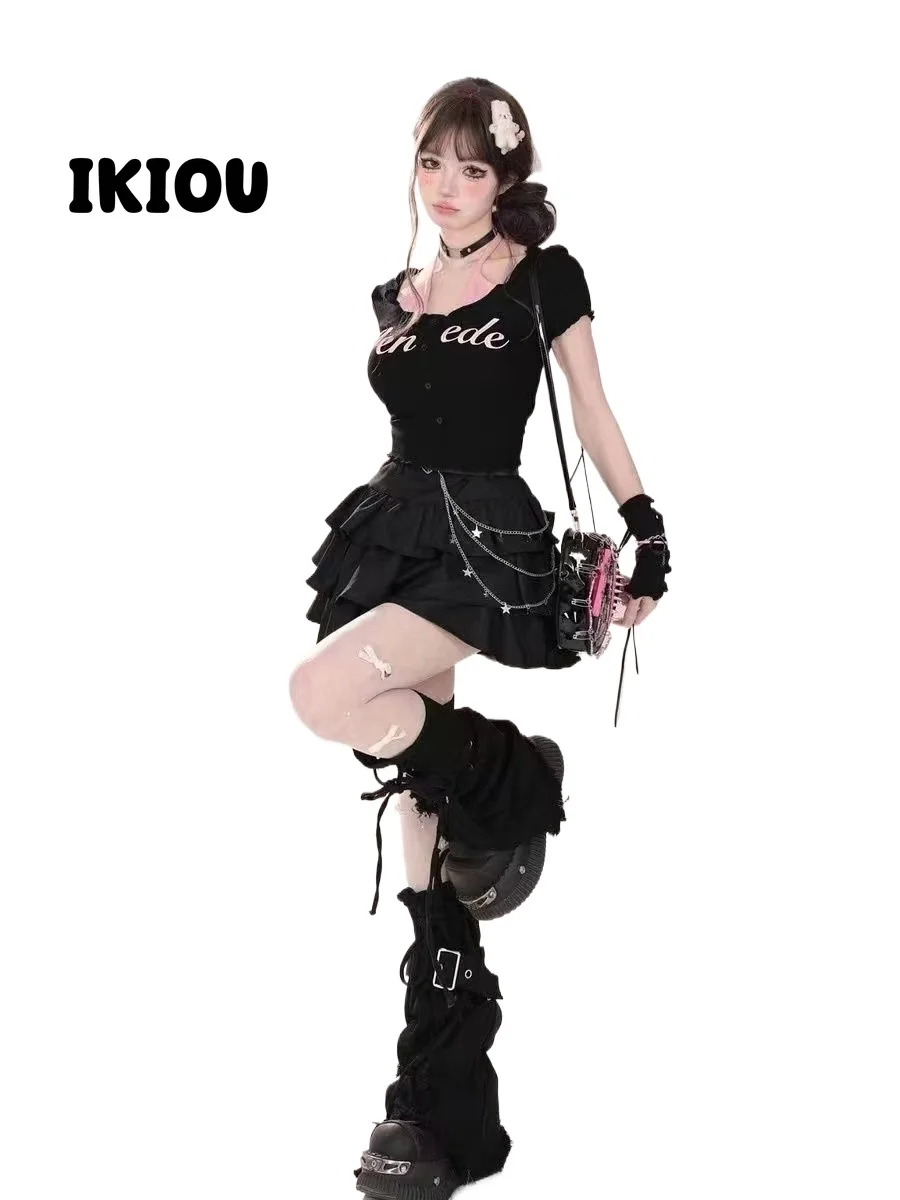 IKIOU Y2K Punk-Inspired Black Denim Leg Warmers with Cross Details, Adjustable Drawstring for a Chic Ins Fashion Statement