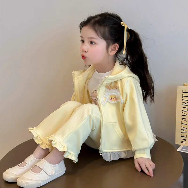 

Girls Suit 2025 Autumn New Children's Clothing Korean Style Girl Baby Hoodie Cartoon Lace Hoodie Pants Two-piece Casual
