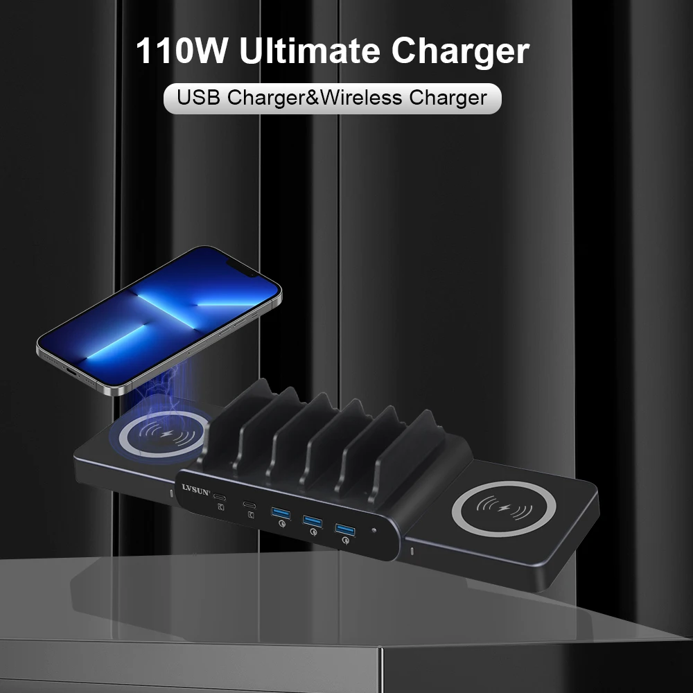 

110W 5 Port USB Type C Laptop Charger Fast Charging Wireless Charging Dock Station for Notebook Macbook IPhone Dell Xiaomi Huaw