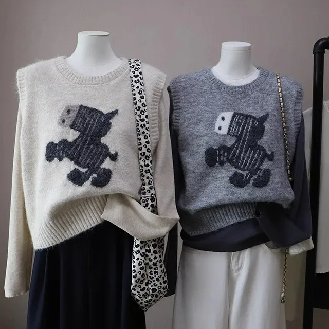 

Retro Soft Knitted Sweater Vest Women's Loose Layering round Ne Knitwear oulder Bared Autumn Winter Faion Ladies Vest