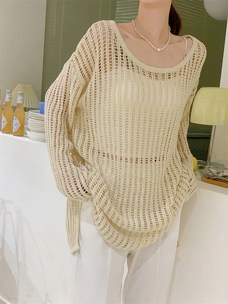 

Beige Perspective Big Size Knitting Sweater Round Neck Long Sleeve Women Pullovers New Fashion Spring Autumn 2023 M821