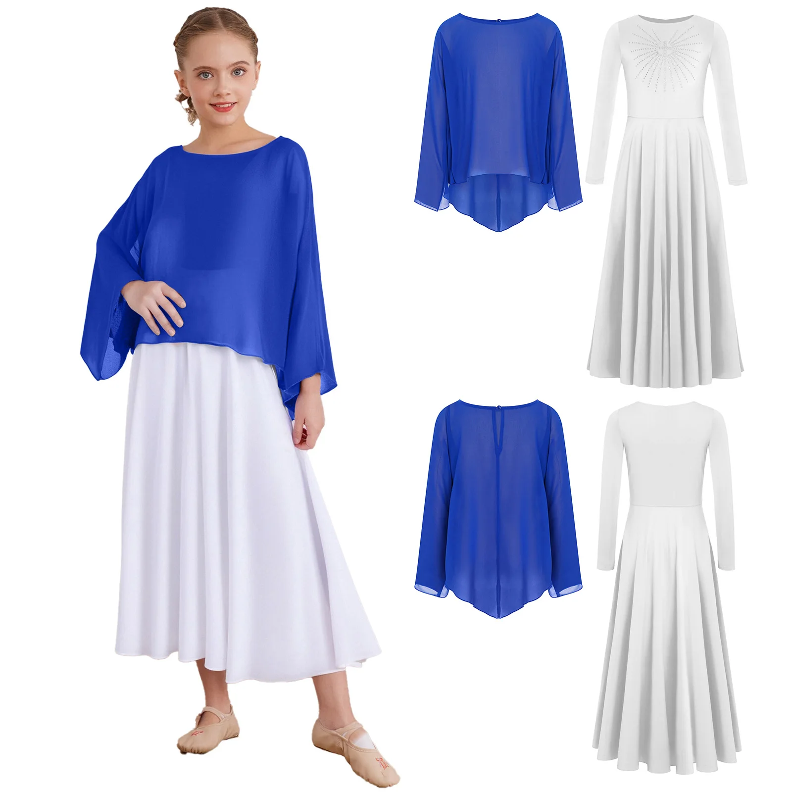 

Kids Girls Praise Liturgical Dance Outfit Long Sleeve Pullover Top with Dress for Lyrical Worship Dance Church Choir Performance