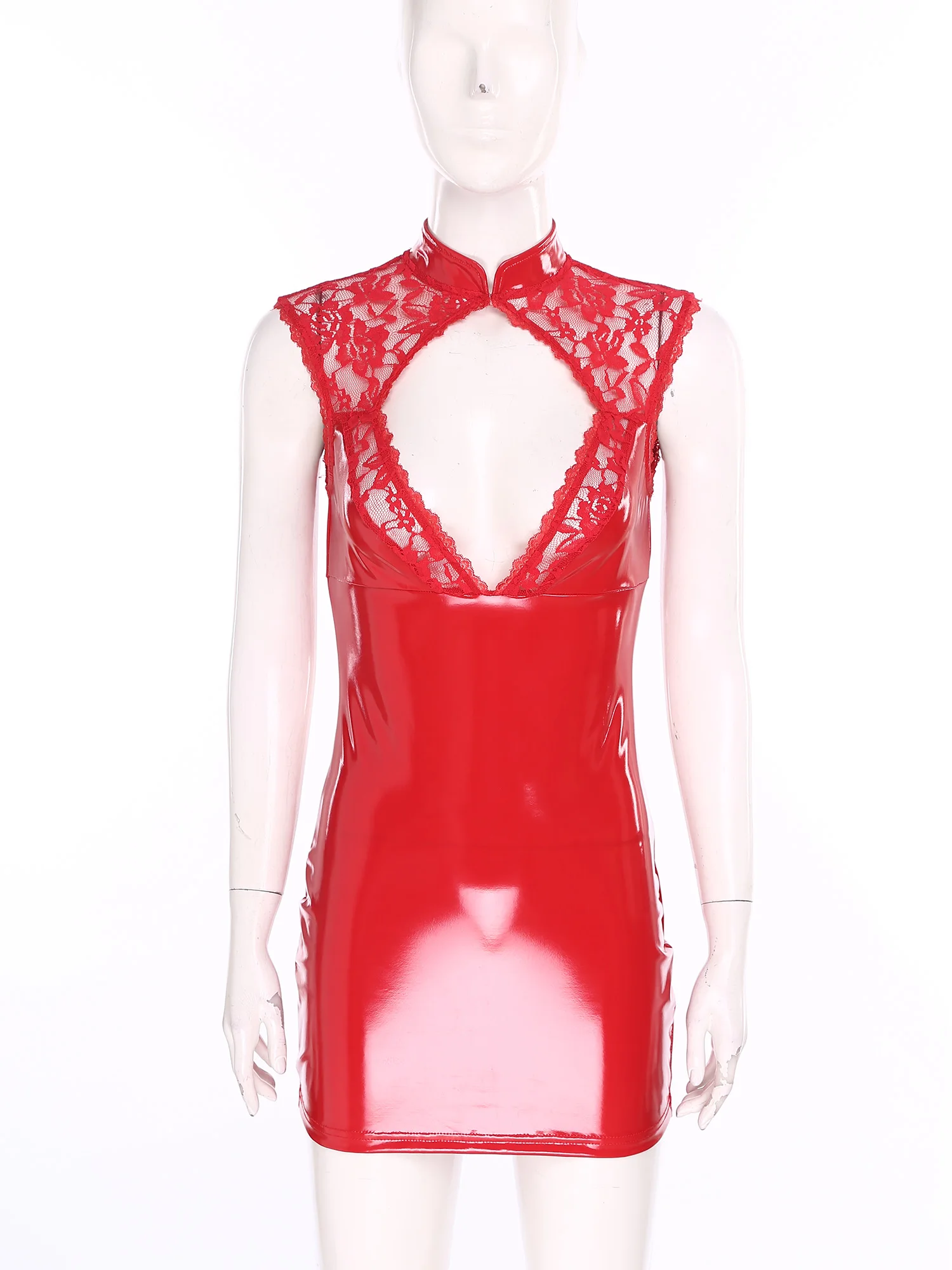 Women Sexy PU Leather Sheer Floral Lace Mini Dress Glossy Patchwork Sleeveless Cutout Bodycon Dress Clubwear Festival Rave Party