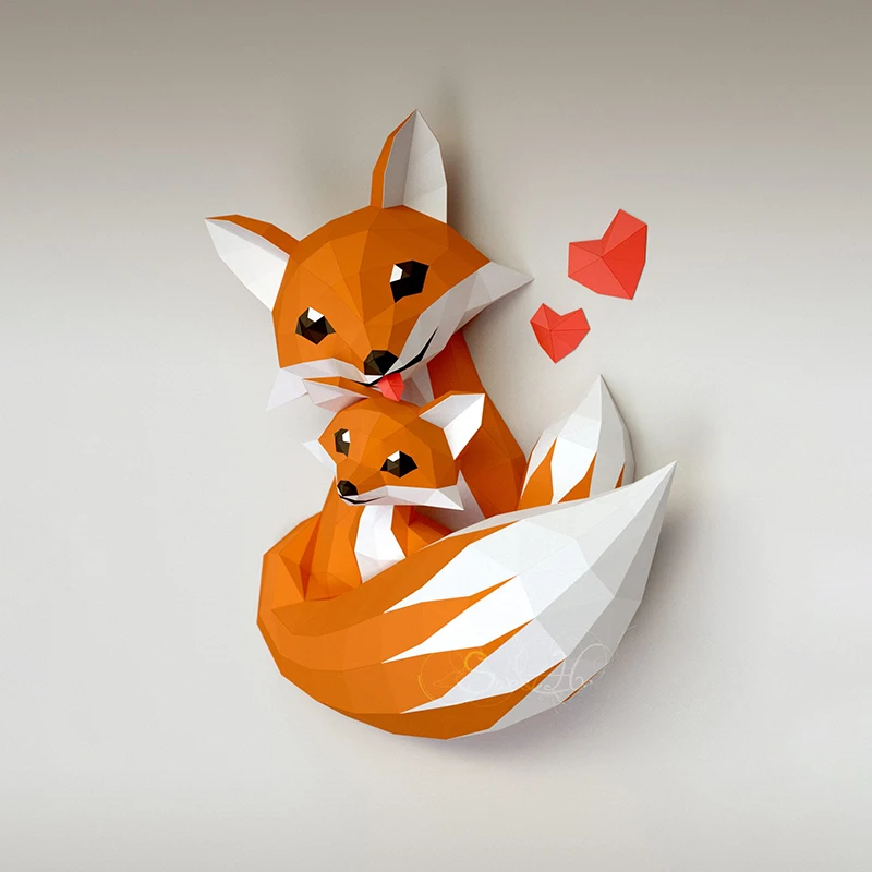 60cm Fox Mother And Baby Paper Model Home Decor Children\'s Room Wall Decoration Papercraft 3D DIY Puzzles Educational Toys