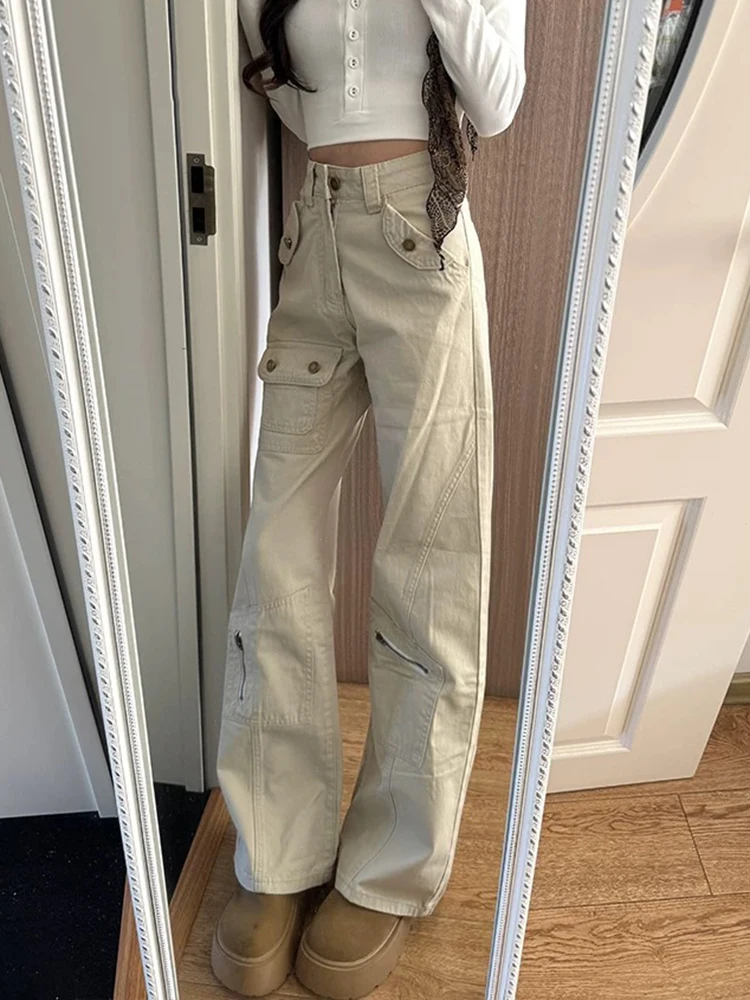 Y2K Jeans Women High Waisted Trousers American Workwear White Jeans Coffee Vintage Straight Leg Pants Autumn Slim Fit