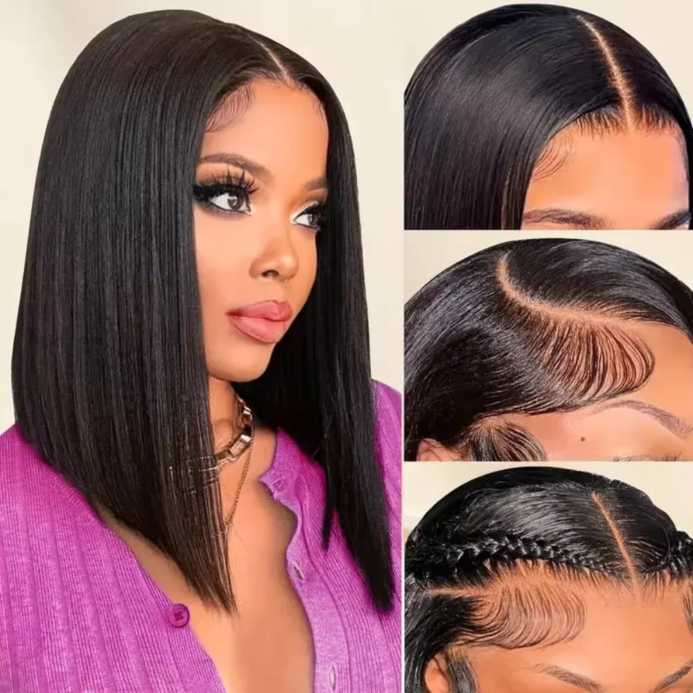 Fashion Short Bob Wig 13x4 Hd Clear Lace Straight Brazilian Pre Plucked Neat Remy Hair 200 Density Skin Friendly Elegant Wigs
