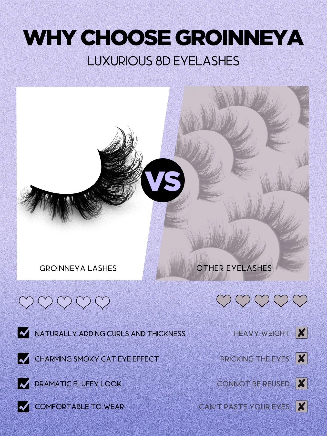 GROINNEYA Lashes 3D Mink Lashes Fluffy Reusable Lashes Mink False Eyelashes Soft Wispy Natural Cross Eyelash Extension Makeup