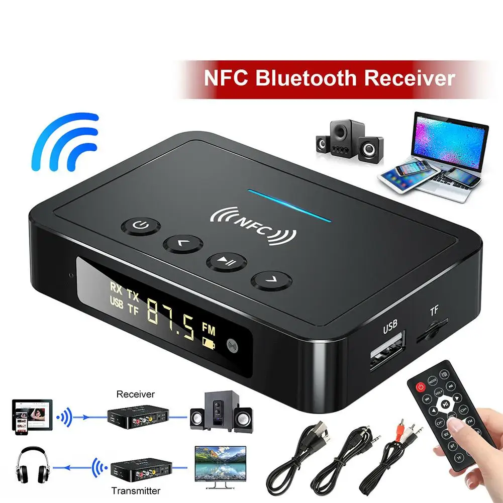 Nfc Wireless Transmitter Receiver Car Bluetooth-compatible5.0 Adapter M6 Fm 3-in-1 Audio Adapter With Led Display Remote Control