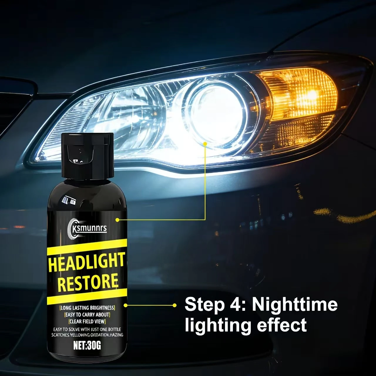 30G Ksmunns Headlight Restore for BMW Toyota – Long-Lasting Brightness, Easy to Carry, Solve Scratches/Yellowing, Auto Lamp Care