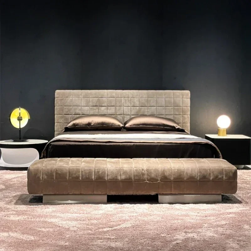 Designer grid pattern double bed matte leather checkerboard comfortable soft bag master bedroom wedding bed