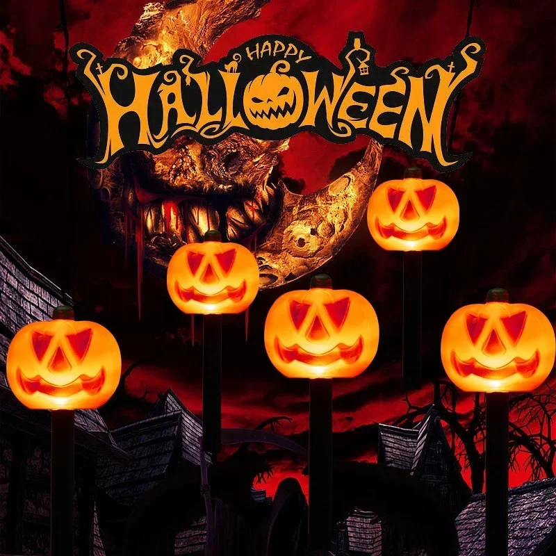 

Solar Halloween Pumpkin Pathway Light Decorations LED Halloween Pumpkin Stake Lights Set of 5 Lighted Outdoor Pumpkin Lawn Lamp