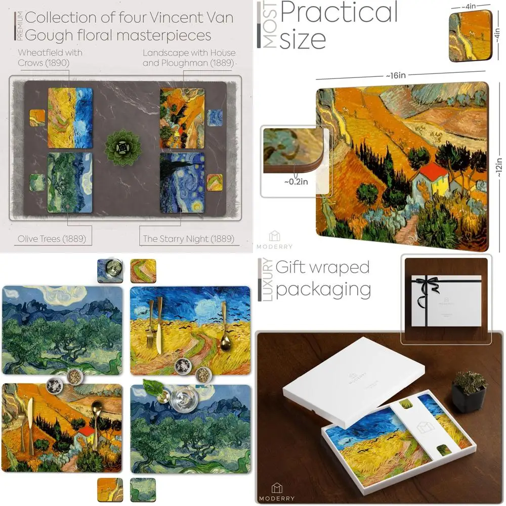 

Набор из 4 термостойких пробковых салфеток в стиле Ван Гога с 4 подставками для напитков, 16x12 дюймов