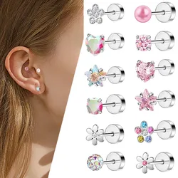 2Pcs 20G Stainless Steel Flower Heart Stud Earrings for Women, Cute Mini Pearl Earrings Tragus Cartilage Conch Piercing Jewelry
