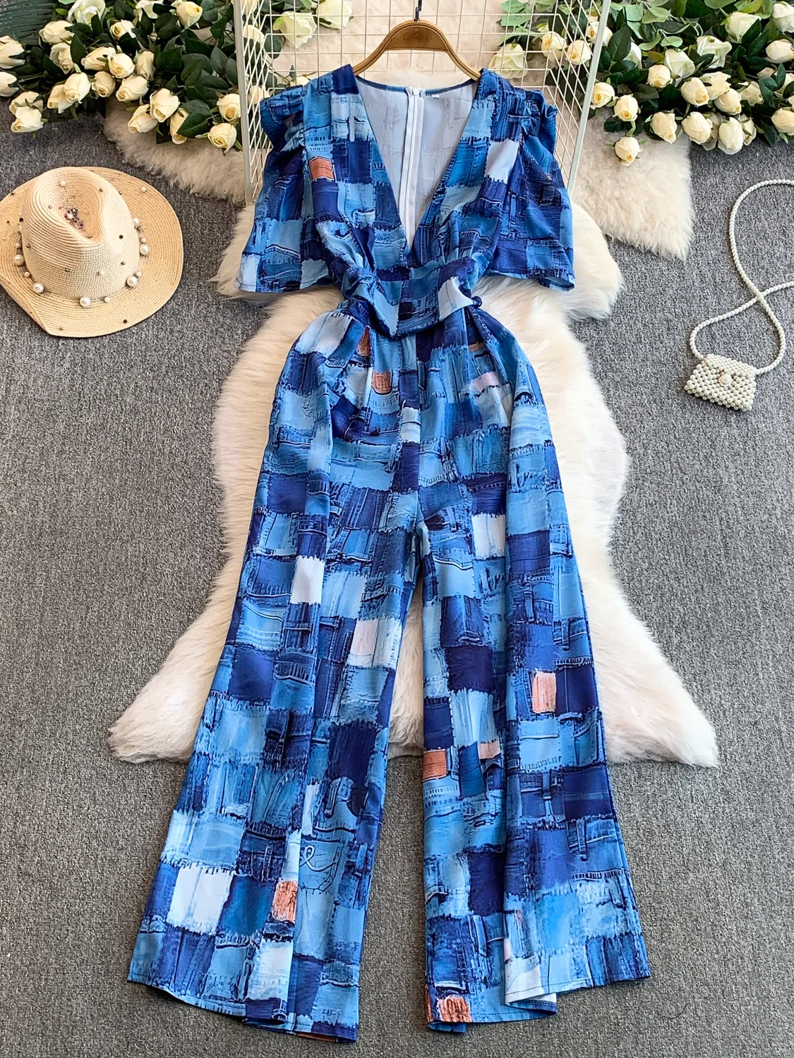 

Sexy V-ne Bubble Sve Jumpsuit Women's Autumn Winter Maple Le Print Slimming Wide Leg Pants High Waist Long Pants