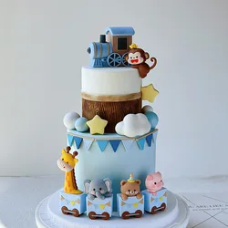 Cartoon Animal Train Monkey Giraffe Doll Creative Train Cake Decoration Children's Birthday Cake Decorations Kids Baby Shower